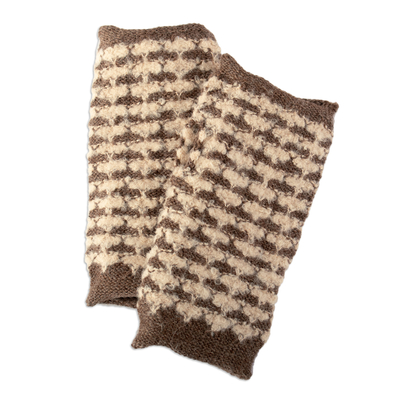 Alpaca blend fingerless mitts, 'Evening Squares' - Square-Pattern Ivory and Taupe Alpaca Blend Fingerless Mitts