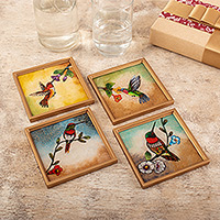 Posavasos de vidrio pintado al revés, 'Joy at Sunset' (juego de 4) - Posavasos de vidrio pintado al revés con temática de pájaros (juego de 4)
