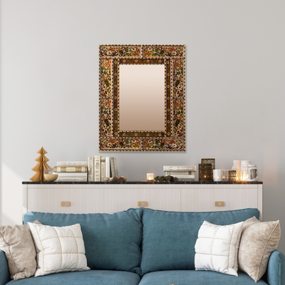 Reverse painted glass wall mirror, 'Aurora Reflection' - Ivory and Brown Reverse Painted Glass Framed Wall Mirror