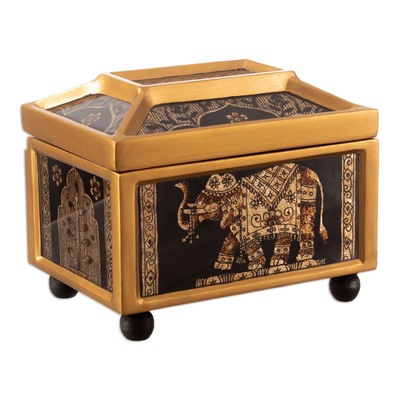 Reverse painted glass jewelry box, 'Oriental Treasure' - Classic Golden-Toned Reverse Painted Glass Jewelry Box