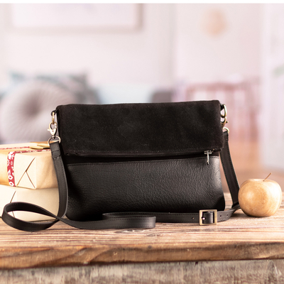 Black suede and leather sling, 'All Around Town' - Black Suede and Leather Sling Bag with Adjustable Straps