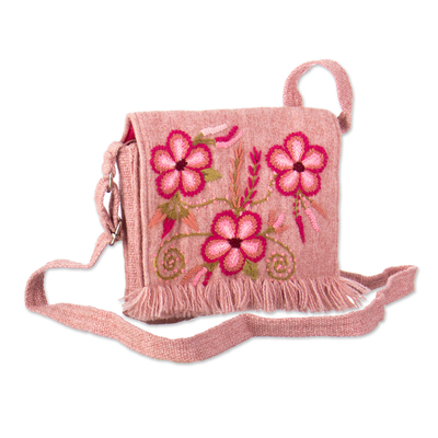 Bolso bandolera en mezcla de alpaca bordado a mano - Bolso bandolera tejido a mano rosa con motivos florales bordados a mano