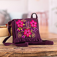 Hand-embroidered alpaca blend sling bag, 'Floral Traditions' - Hand-Woven & Embroidered Purple Sling Bag with Floral Accent
