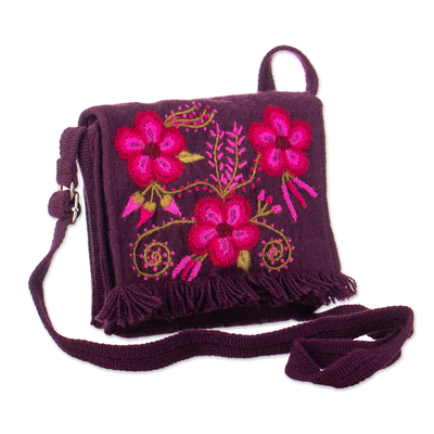 Hand-embroidered alpaca blend sling bag, 'Floral Traditions' - Hand-Woven & Embroidered Purple Sling Bag with Floral Accent