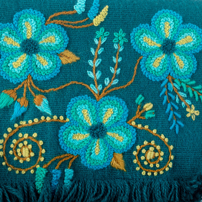 Hand-embroidered alpaca blend sling bag, 'Floral Traditions in Teal' - Teal Handwoven Sling Bag with Hand-Embroidered Floral Motifs