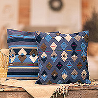 Wool cushion covers, 'Geometric Glacier' (set of 2) - Handwoven Blue Patterned Wool Cushion Covers (Set of 2)