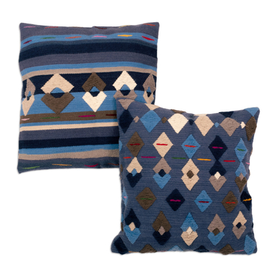 Wool cushion covers, 'Geometric Glacier' (set of 2) - Handwoven Blue Patterned Wool Cushion Covers (Set of 2)