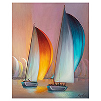 'Yacht Racing' - Óleo impresionista firmado sobre lienzo Pintura de paisaje marino