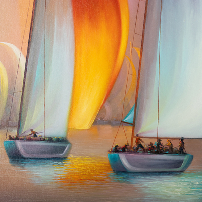 'Yacht Racing' - Signed Impressionist Oil on Canvas Seascape Painting
