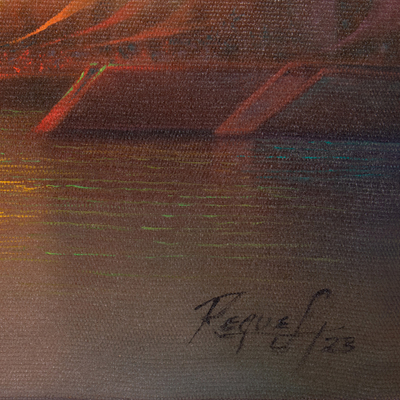 'Regata y Crepúsculo' - Pintura Impresionista Óleo sobre Lienzo Paisaje Marino de Perú