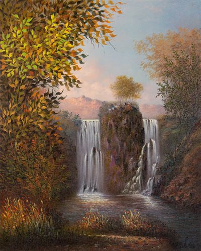 'Natural Sound' - Signed Nature-Themed Oil on Canvas Cascade Painting
