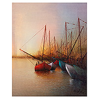 „Santa Rosa“ – signiertes impressionistisches Meereslandschafts-Ölgemälde von Fischerbooten