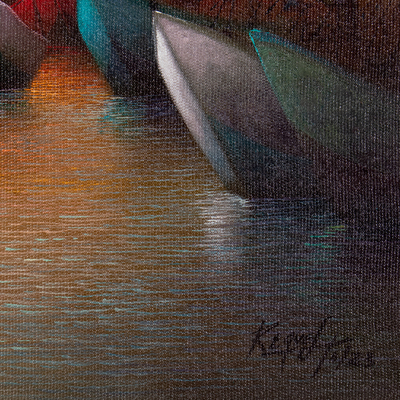 'Santa Rosa' - Pintura al óleo de paisaje marino impresionista firmada de barcos de pesca