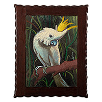 „Kakadu“ – Öl auf Leinwand, realistisches Kakadu-Gemälde mit Rahmen aus Zedernholz