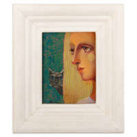 „Frau mit Katze“ – Frau mit Katze, Öl auf Leinwand, Gemälde mit Rahmen aus Zedernholz