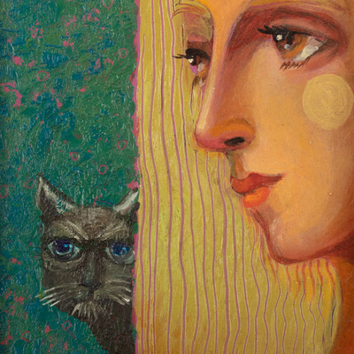 'Woman with Cat' - Woman with Cat Oil on Canvas Painting with Cedarwood Frame