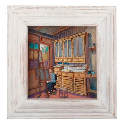 'The Painter' - Óleo sobre lienzo Escena de mujer pintando con marco de madera de cedro