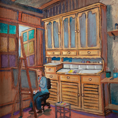 'The Painter' - Óleo sobre lienzo Escena de mujer pintando con marco de madera de cedro