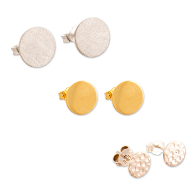 Gold-plated and sterling silver earrings, 'Three Queens' (set of 3) - Set of 3 Modern Gold-Plated and Sterling Silver Earrings