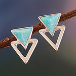 Triangular Sterling Silver Amazonite Button Earrings, 'Arrows of Success'