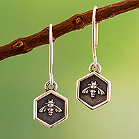 Sterling silver dangle earrings, 'Perfect Bees' - Oxidized and Polished Sterling Silver Bee Dangle Earrings