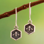 Sterling silver dangle earrings, 'Perfect Bees' - Oxidized and Polished Sterling Silver Bee Dangle Earrings
