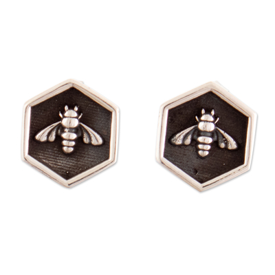 Sterling silver stud earrings, 'Special Bees' - Darkened and Polished Sterling Silver Bee Stud Earrings