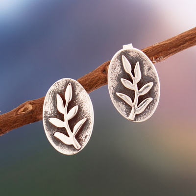 Sterling silver button earrings, 'Subtle Relief' - Sterling Silver Button Earrings with Relief Leaf Motif