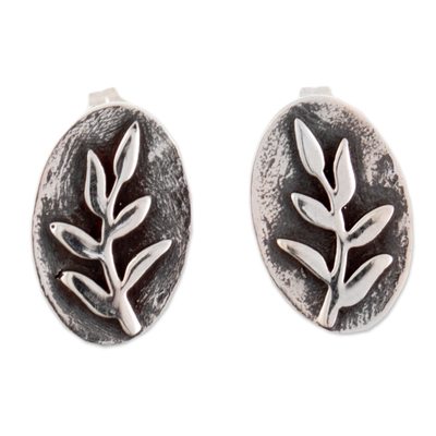 Sterling silver button earrings, 'Subtle Relief' - Sterling Silver Button Earrings with Relief Leaf Motif