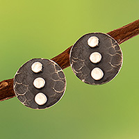 Sterling silver button earrings, 'Minimalist Trio' - Oxidized and Polished Round Sterling Silver Button Earrings