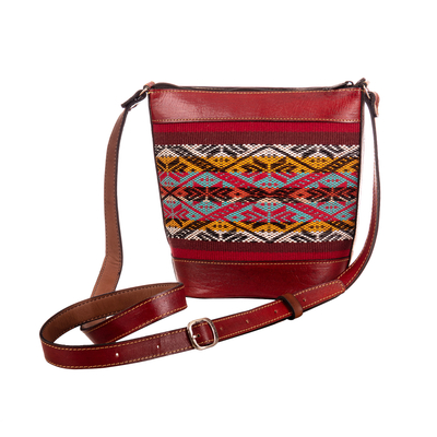 Leather bucket bag, 'Andean Allure' - Red Leather Bucket Bag with Handwoven Alpaca Blend Accent