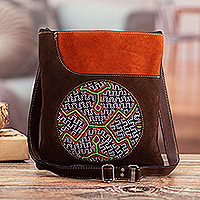 Suede sling bag, 'Sunset on The Dunes' - Brown Suede Sling Bag with Hand-Embroidered Andean Motif