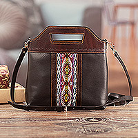 Leather sling bag, 'Flowing Elegance' - Leather Sling Handle Bag with Wool Accent Removable Strap