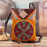 Suede and leather sling bag, 'Andean Jungle' - Hand-Embroidered Embossed Honey Suede and Leather Sling Bag