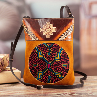 Suede and leather sling bag, 'Andean Jungle' - Hand-Embroidered Embossed Honey Suede and Leather Sling Bag