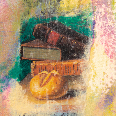 'The Good Dreamer' - Abstract Book Bread Fruit Still Life Collage Oil Painting