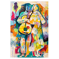'La danza del amor' - Pintura al óleo abstracta moderna de una pareja bailando con guitarra