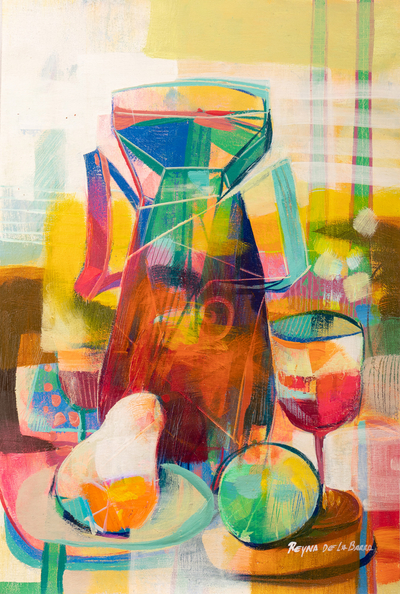 'Una jarra llena de experiencias' - Jarra abstracta moderna y pintura al óleo de bodegones de frutas