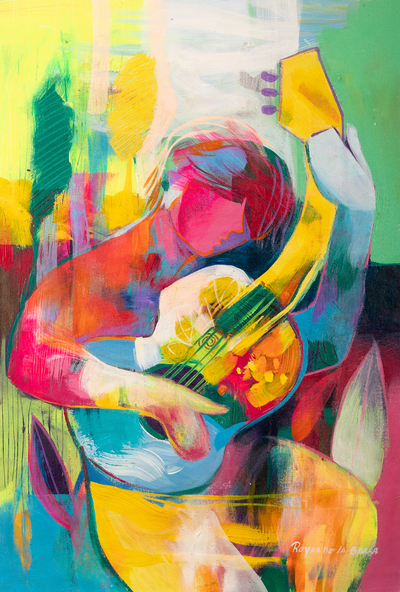 'La guitarra de la primavera' - Pintura al óleo abstracta colorida del hombre tocando la guitarra
