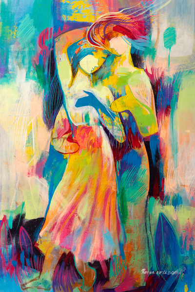 'The Essence of Musical Rhythm' - Colorful Abstract Oil Painting of Couple Dancing from Peru
