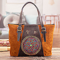 Suede and leather tote bag, 'Cusco Flowers' - Suede Leather Tote Bag with Hand-Embroidered Embossed Motifs