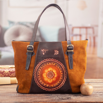 Suede and leather tote bag, 'Cusco Flowers' - Suede Leather Tote Bag with Hand-Embroidered Embossed Motifs