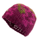 Alpaca blend hat, 'Burgundy Andean Mosaics' - Knit Alpaca Blend Hat in Burgundy Pink Green and Yellow Hues