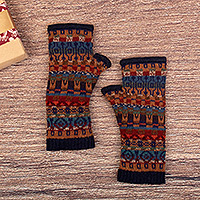 100% alpaca fingerless mittens, 'Chavin Style' - Colorful Fingerless Mittens Knit from 100% Alpaca in Peru