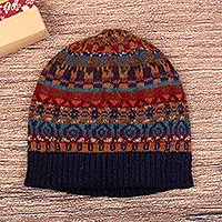 100% alpaca hat, 'Chavin Style' - Unisex Multicoloured Hat Knitted from 100% Alpaca in Peru