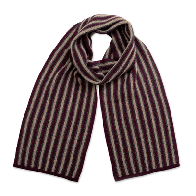 100% alpaca scarf, 'Wine Paths' - Soft Striped 100% Alpaca Scarf in Bordeaux and Grey Hues