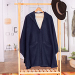 Alpaca blend cape, 'Blue Divine' - Alpaca Blend Blue Cape with Buttons and Pockets from Peru