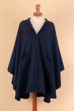 Alpaca blend cape, 'Blue Divine' - Alpaca Blend Blue Cape with Buttons and Pockets from Peru