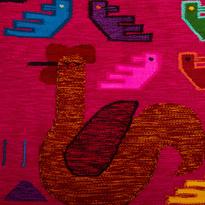 Tapiz de lana - Tapiz tradicional de lana fucsia con temática de gallo tejido a mano