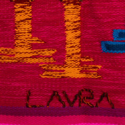 Tapiz de lana - Tapiz tradicional de lana fucsia con temática de gallo tejido a mano